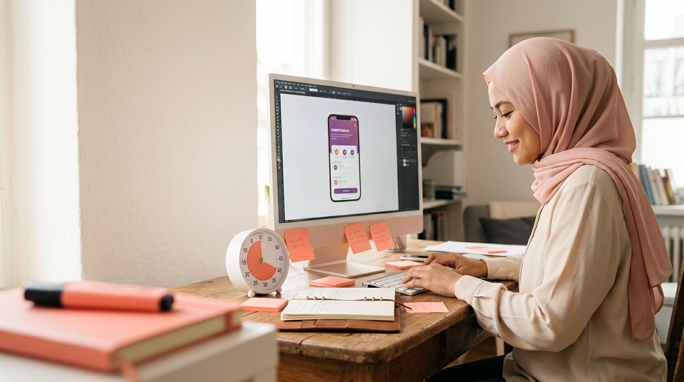 Designer at work in a Jakarta studio, laying out a mobile app screen
